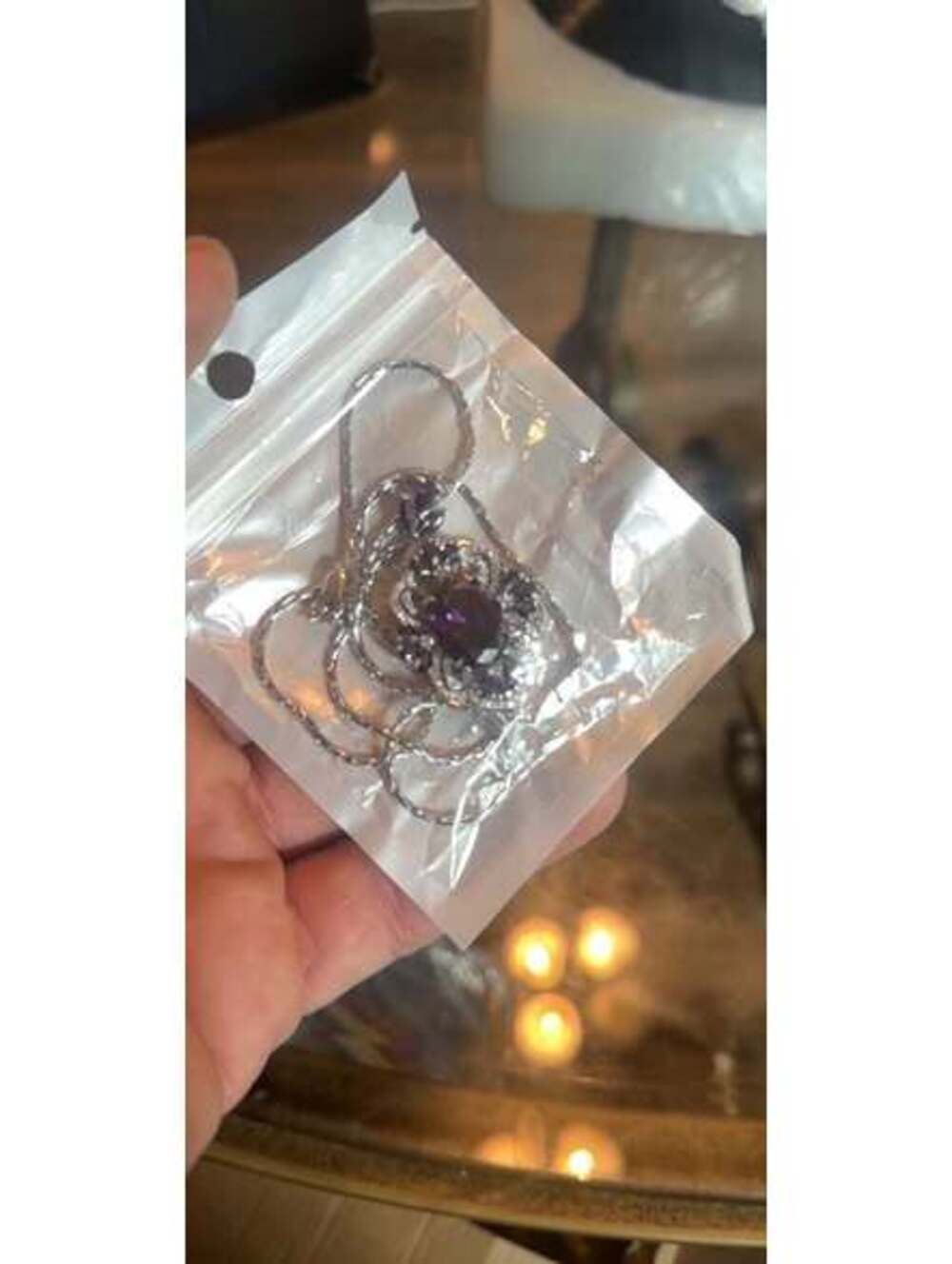 Silver Tone Necklace with Purple Stone